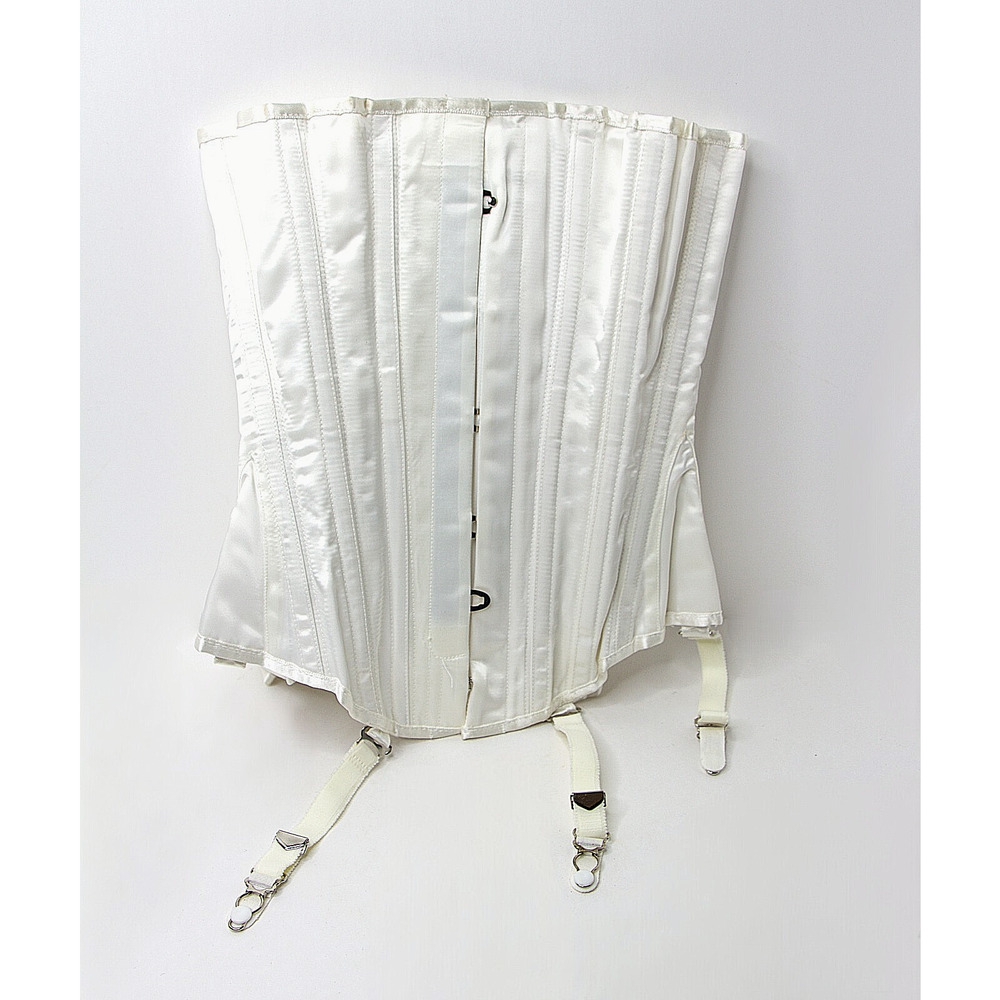 Vollers UK White Satin Overbust Corset – Metal Boning, Hip Gore, Garter Straps
